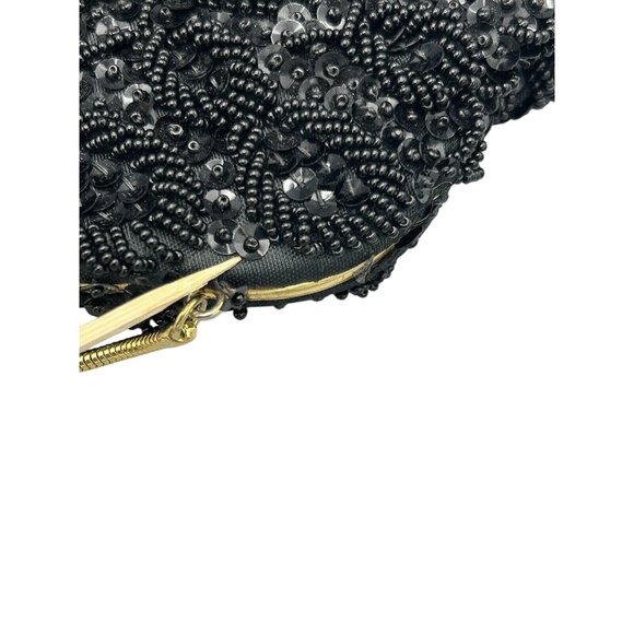 Evening Bag Black Beaded Kiss Lock Rhinestones Gold Chain Sequins See Photos Vtg - Picture 7 of 12